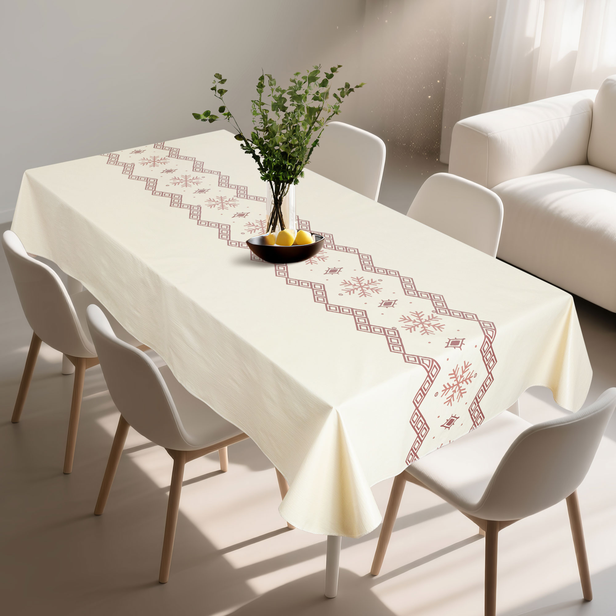 Прямоугольная скатерть PVC бежевого цвета с узором снежинок