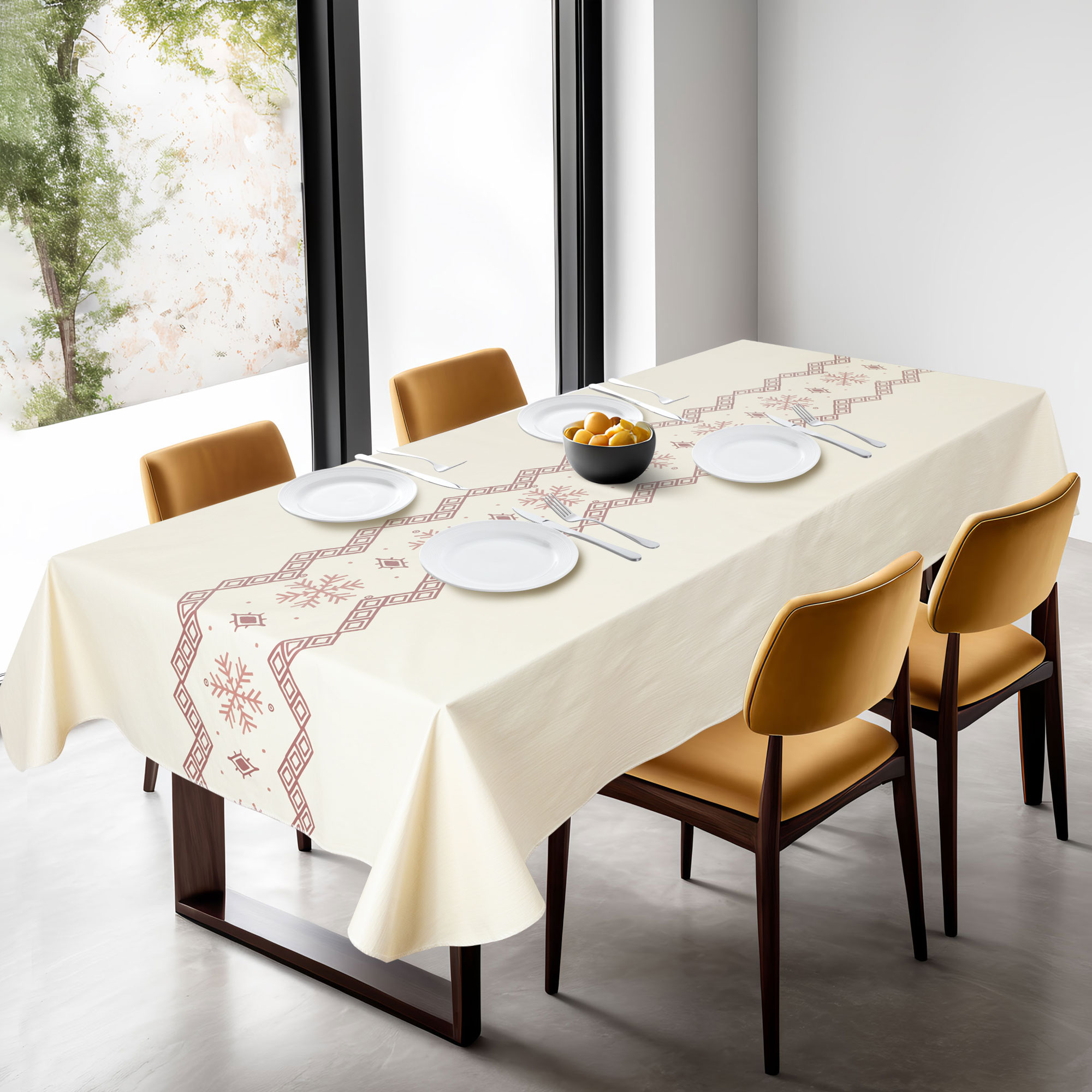 Прямоугольная скатерть PVC бежевого цвета с узором снежинок