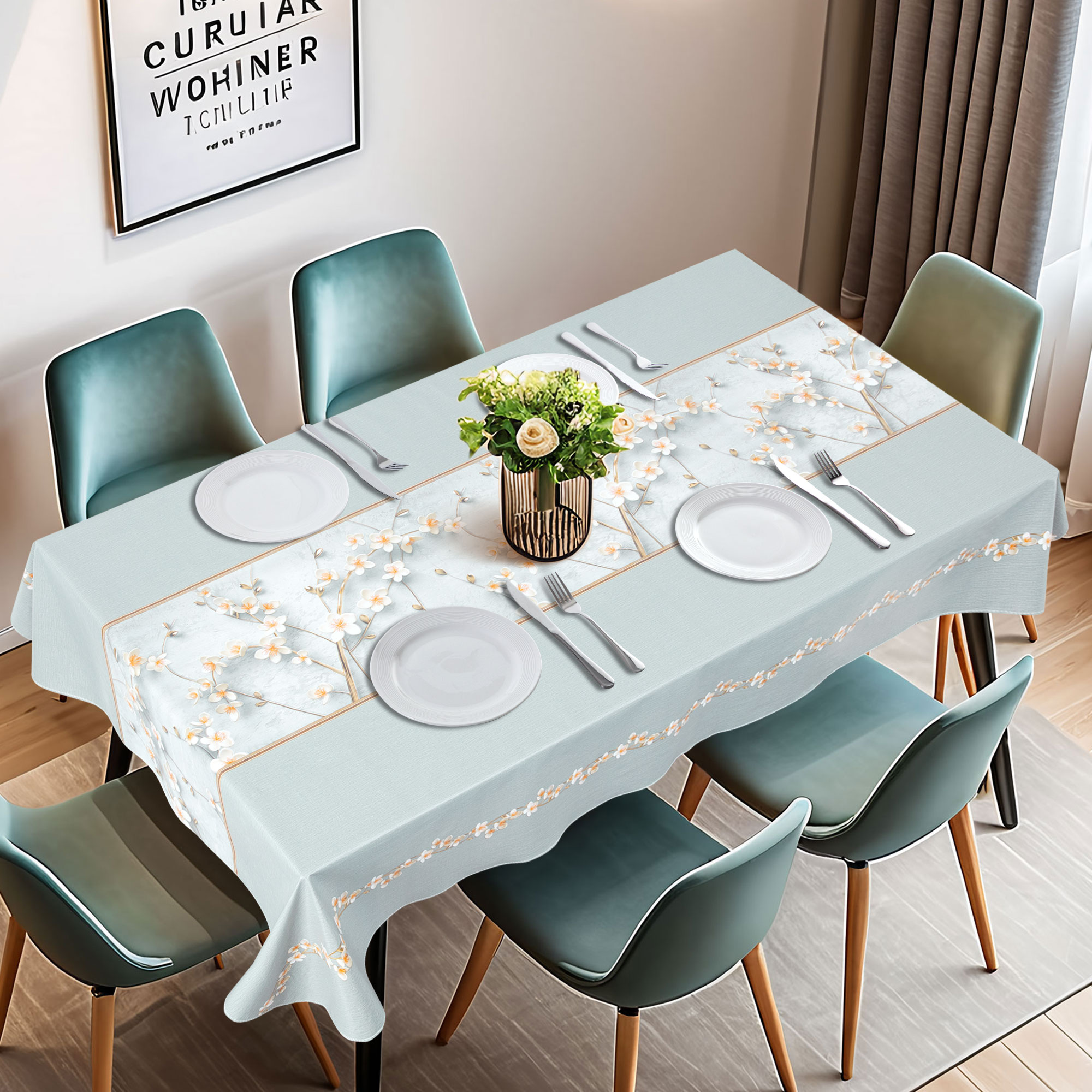 Скатерть PVC прямоугольная серо-синие цветы сливы