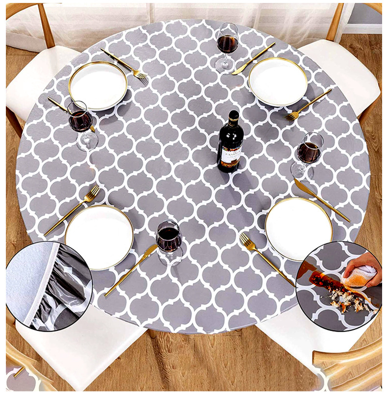 Круглое накрытие для стола из ПВХ с серыми геометрическими клетками