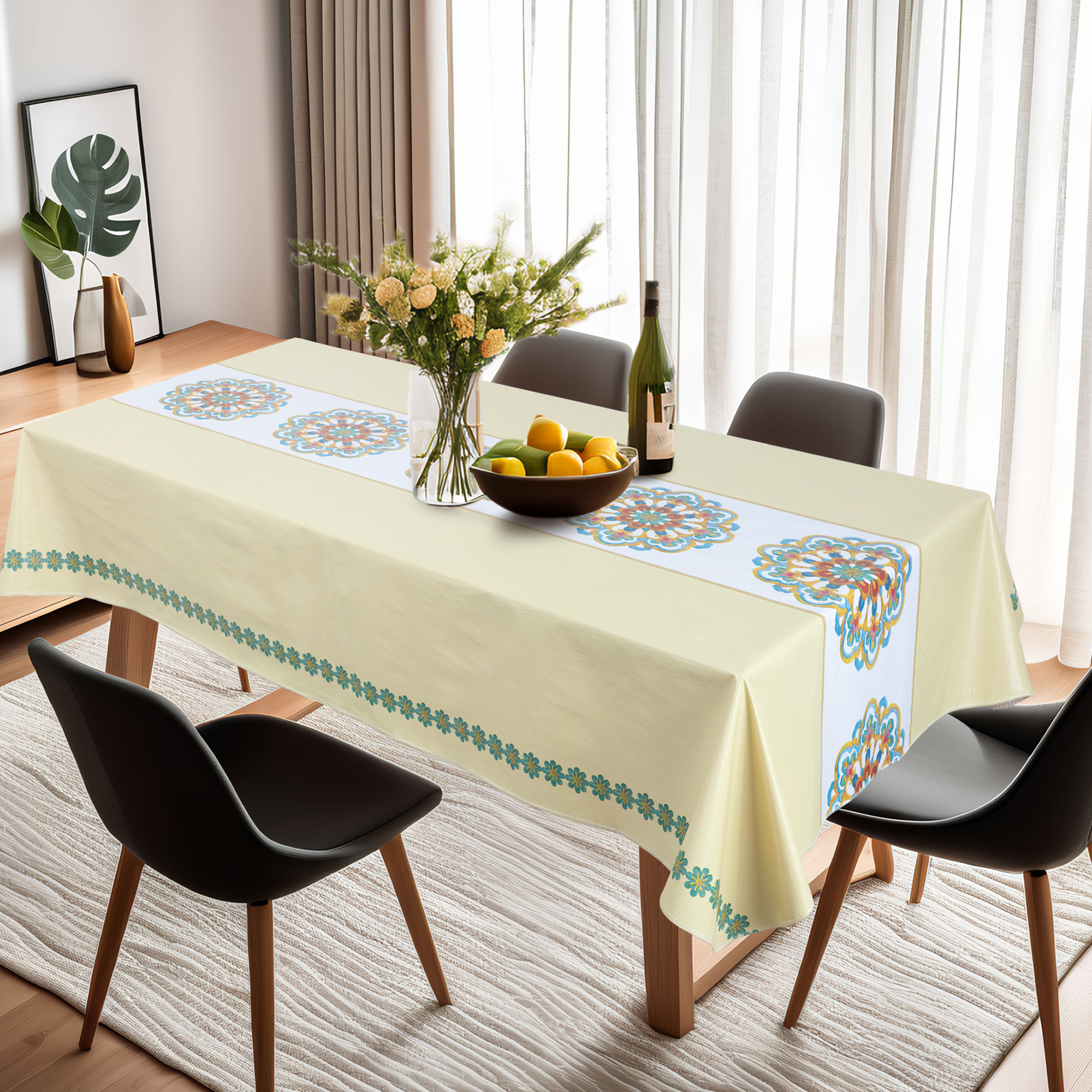 Прямоугольная скатерть PVC бежевого цвета с синими цветами