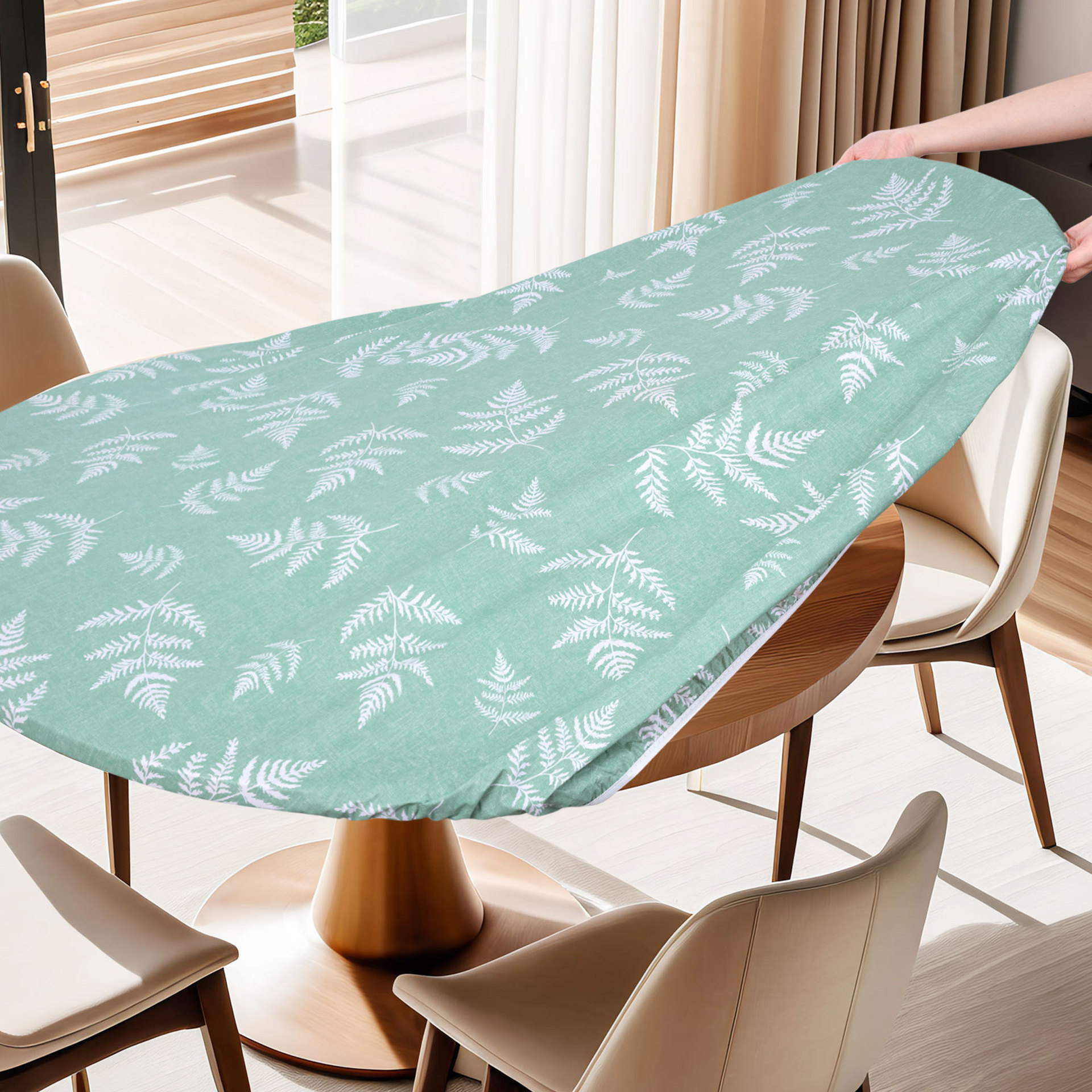 Круглая скатерть PVC с североевропейским узором зеленых листьев