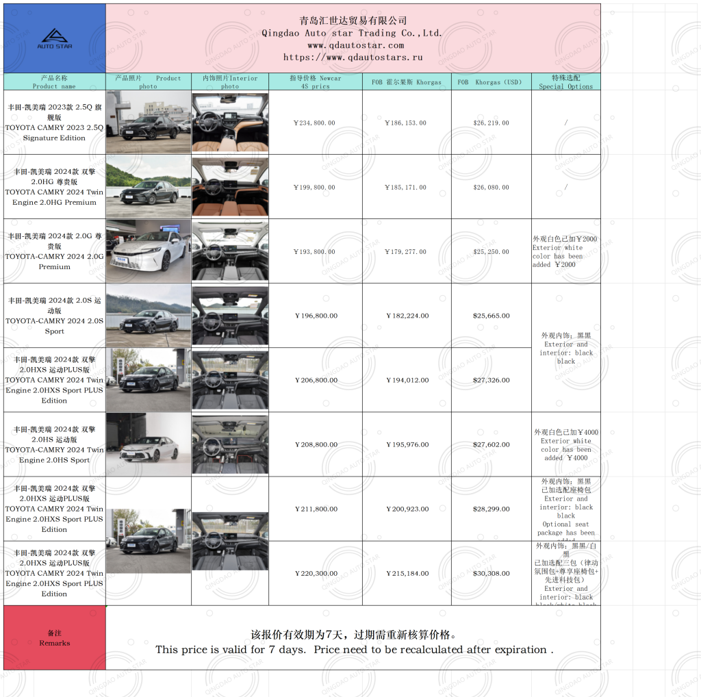 TOYOTA CAMRY 2024 в наличии в Horgos Crossing - Huishida Trading