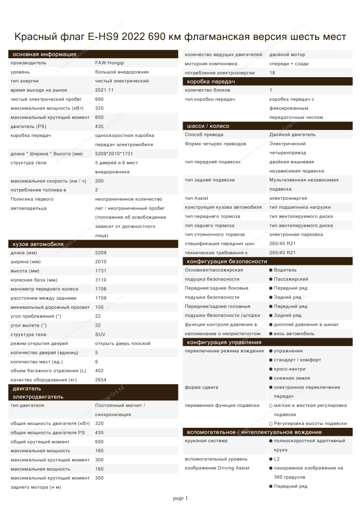 Red Flag E-HS9 2022 690km Flag Enjoyment Edition 6 Seats (Stock Vehicle) - Huishida Trading