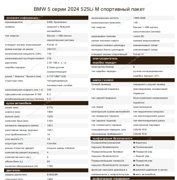 BMW 5 серии 2024 525Li M Спортивный пакет - Huishida Trading