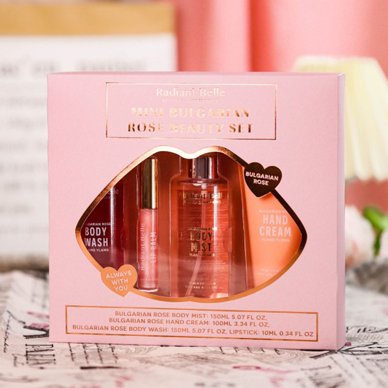 Роскошный подарочный набор для ванны | Премиальный персонализированный подарочный набор из четырех предметов (гель для душа + спрей для тела + бальзам для губ + крем для рук)