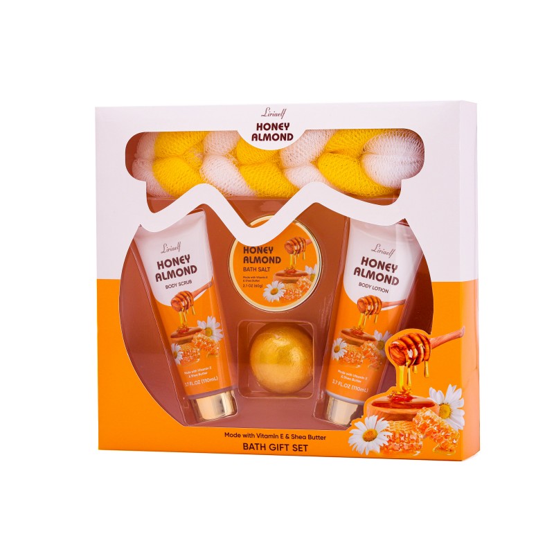 【Смягчающий с медовым ароматом】Набор для ванны с ароматом меда｜110 мл скраба для тела + 110 мл лосьона для тела + 60 г соли для ванны + 75 г бомбочки для ванны + 60 г шарика для ванны｜Сладкая подарочная коробка с индивидуальным дизайном