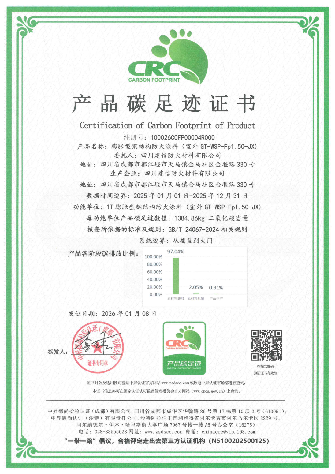 Новое подтверждение экологического курса! Компания ООО Сычуань Цзяньсинь Огнеупорный Материал получила сертификат углеродного следа продукции
