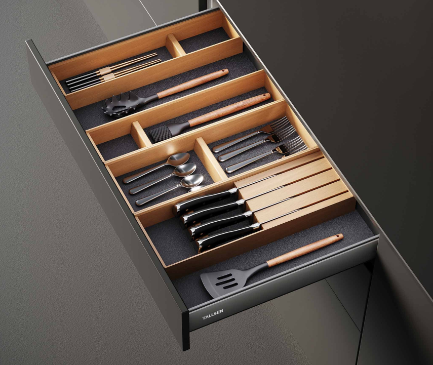 PO6305 Кухонный неглубокий ящик из массива дерева с разделителями для хранения (стандартный/внутренний ящик)