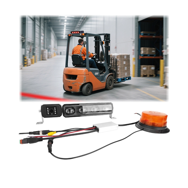 Система камер видеонаблюдения Forklift AI BSD и светодиодных сигнальных огней для обеспечения безопасности.