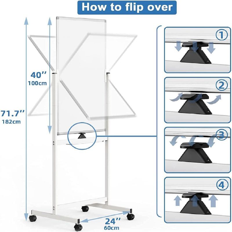Доска на колесиках размером 40 x 24 дюйма, двусторонняя доска на колесиках, передвижная магнитная доска для сухой протирки, мольберт, стоячая доска для домашнего офиса, классная доска