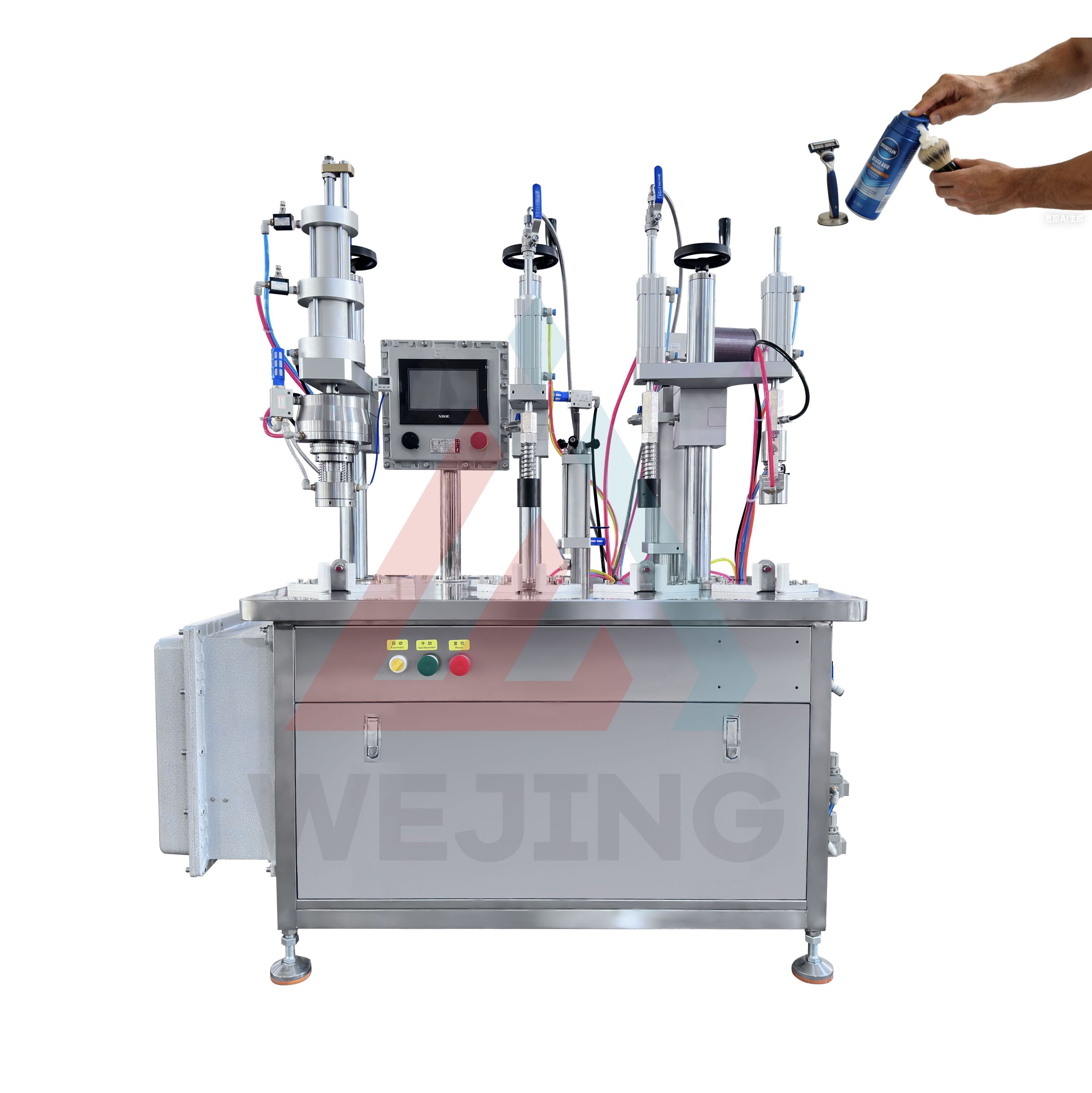WJHZ-350 — это полуавтоматическая машина для наполнения аэрозольных баллончиков с использованием технологии BOV