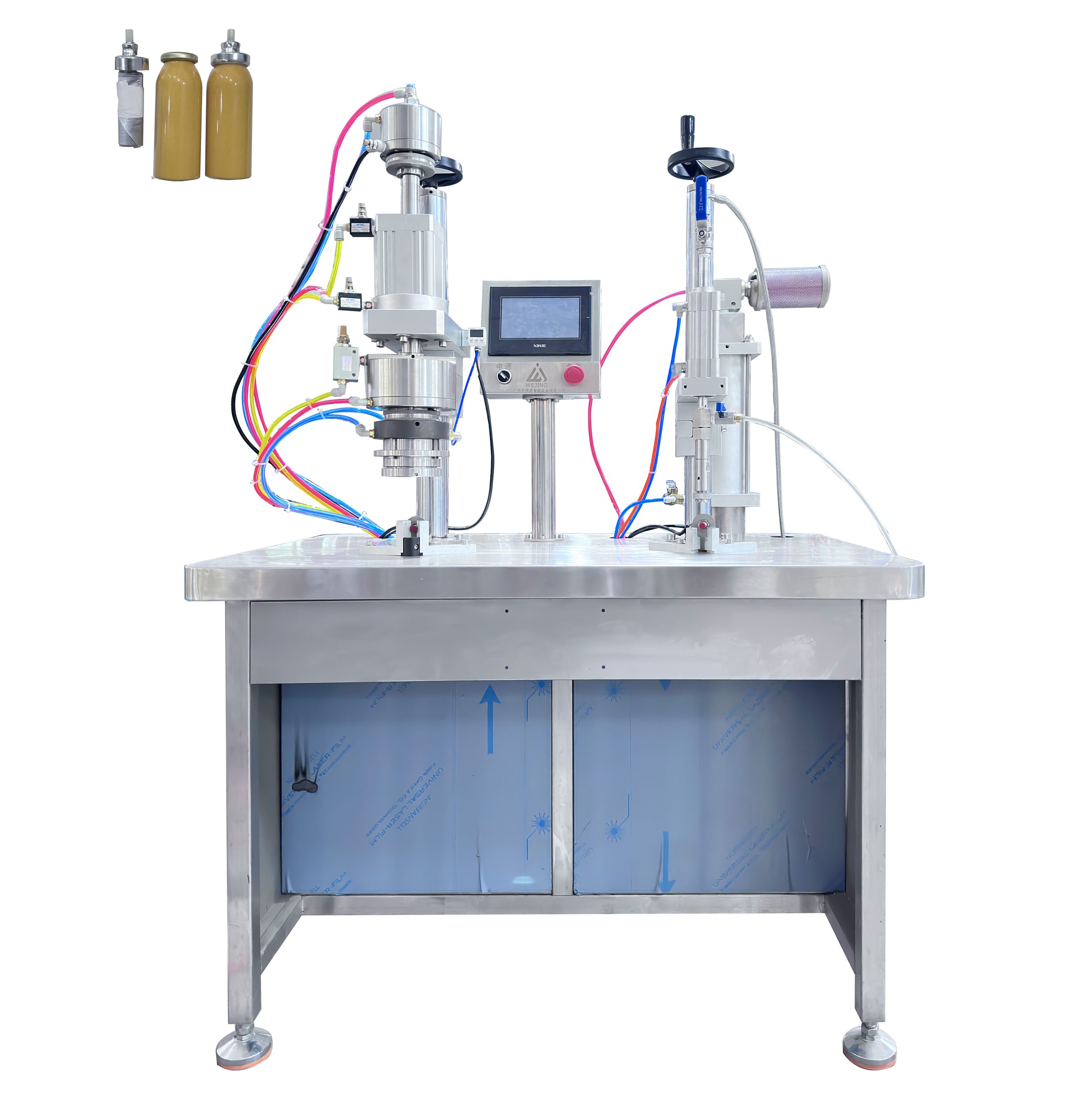 WJERZ-150 Полуавтоматическая машина для наполнения и герметизации аэрозольных баллончиков, предназначенная для производства перцовых аэрозольных баллончиков.
