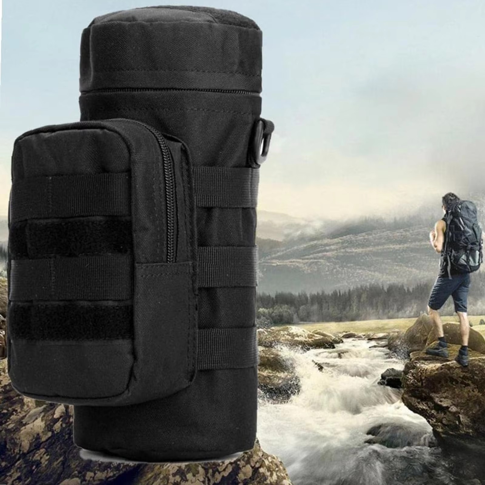 Тактический цилиндрический чехол для фляги/канте́йнера — 2 варианта (чёрный, хаки)