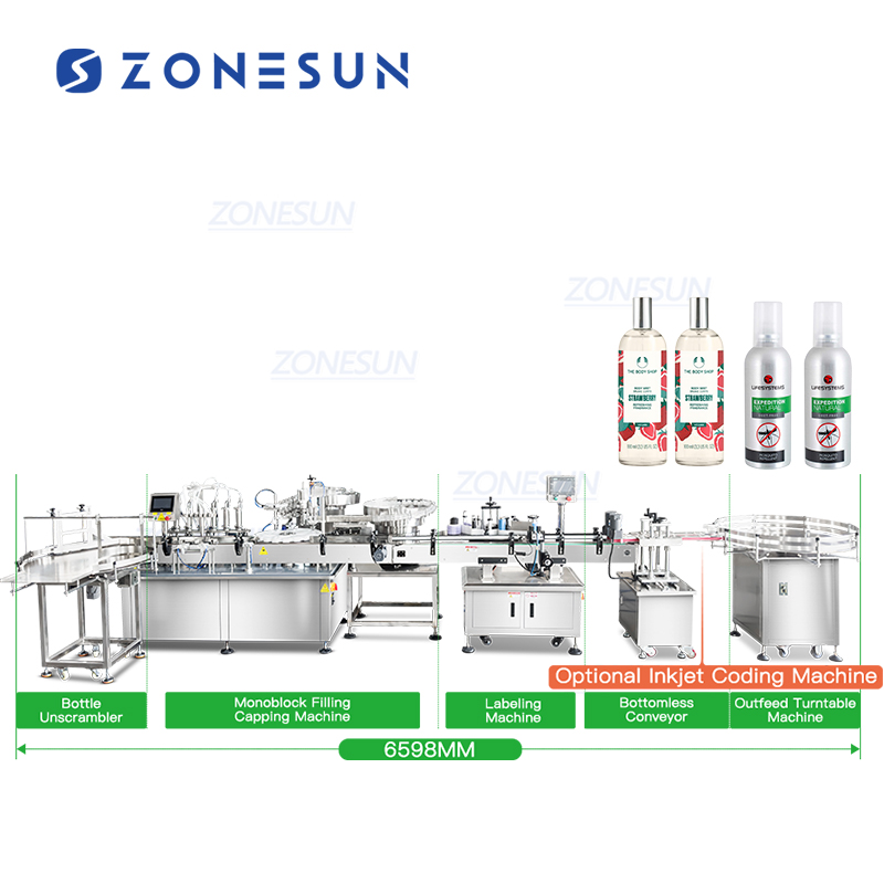 Линия производства спреев для тела с устройством подачи и сбора бутылок ZONESUN ZS-FAL180G8