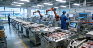 Современный завод по производству вакуумных упаковочных машин в Китае: цех с автоматическими линиями и ротационным оборудованием из нержавеющей стали.