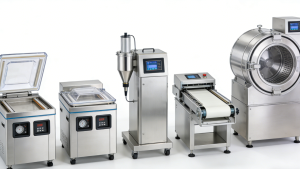 Сравнение различных типов упаковочного оборудования: камерные, бескамерные, ленточные и роторные вакуумные машины из нержавеющей стали в студийной съемке.