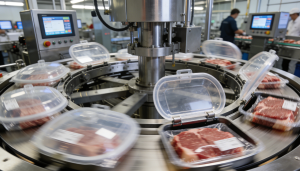 Высокоскоростная роторная упаковочная машина в процессе работы: вращающийся карусельный механизм с несколькими станциями вакуумирования на современном пищевом производстве.