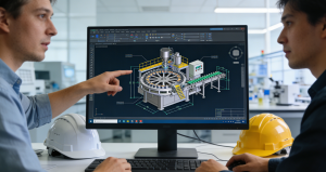 Инженеры обсуждают проект индивидуальной разработки роторной упаковочной машины: просмотр 3D-чертежей и схем на мониторе компьютера в отделе исследований и разработок завода.