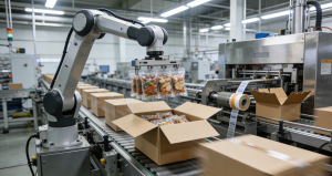 Автоматическая линия упаковки в картонные коробки: роботизированная система загружает продукцию в тару и запечатывает коробки на конвейере современного завода.