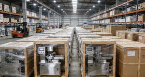 Крупный логистический склад с паллетами упаковочного оборудования, готовыми к оптовой отправке: вид на ряды грузов и работу погрузчиков в современном терминале.