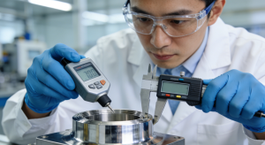 Контроль качества на заводе: инженер использует высокоточные измерительные приборы для проверки деталей нержавеющей стали перед сборкой упаковочной машины.