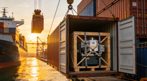 Погрузка контейнеров с промышленным упаковочным оборудованием на грузовое судно в международном порту: сцена экспортной логистики и международных поставок machinery.